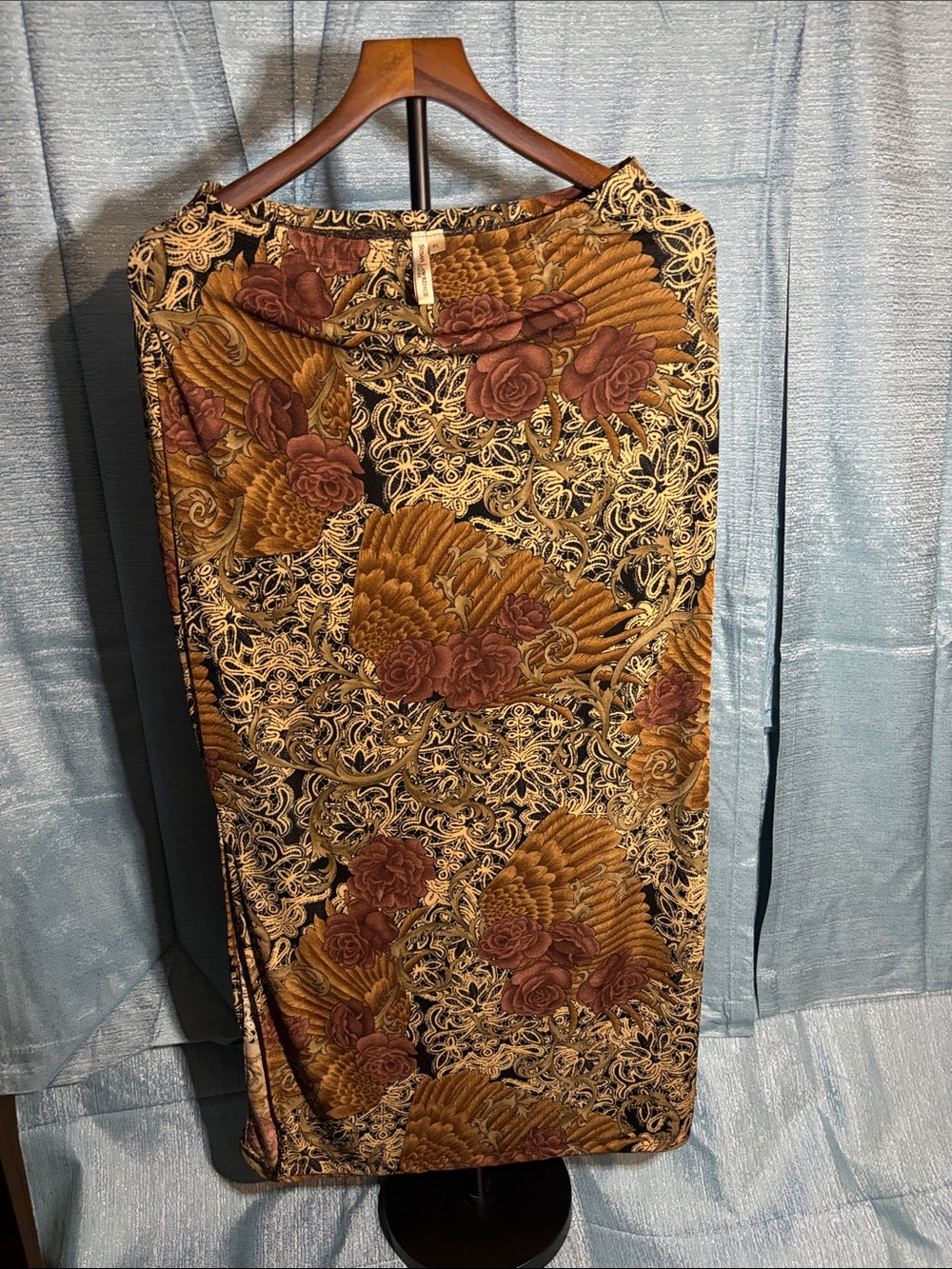 Susan Lawrence Mustard and Brown Floral Wing-Print Maxi Skirt